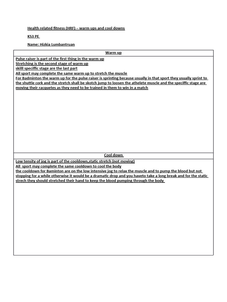 Warm Up and Cool Down Guide for PE | PDF