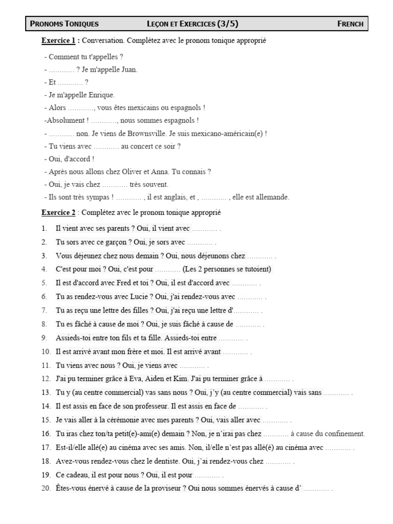 Exercices sur les pronoms toniques | PDF | Arts du langage et discipline
