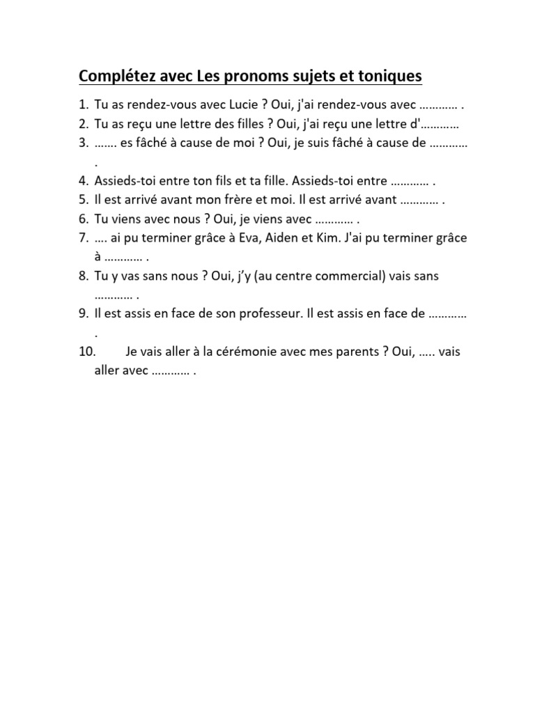 Exercices sur pronoms sujets et toniques | PDF | Arts du langage et ...