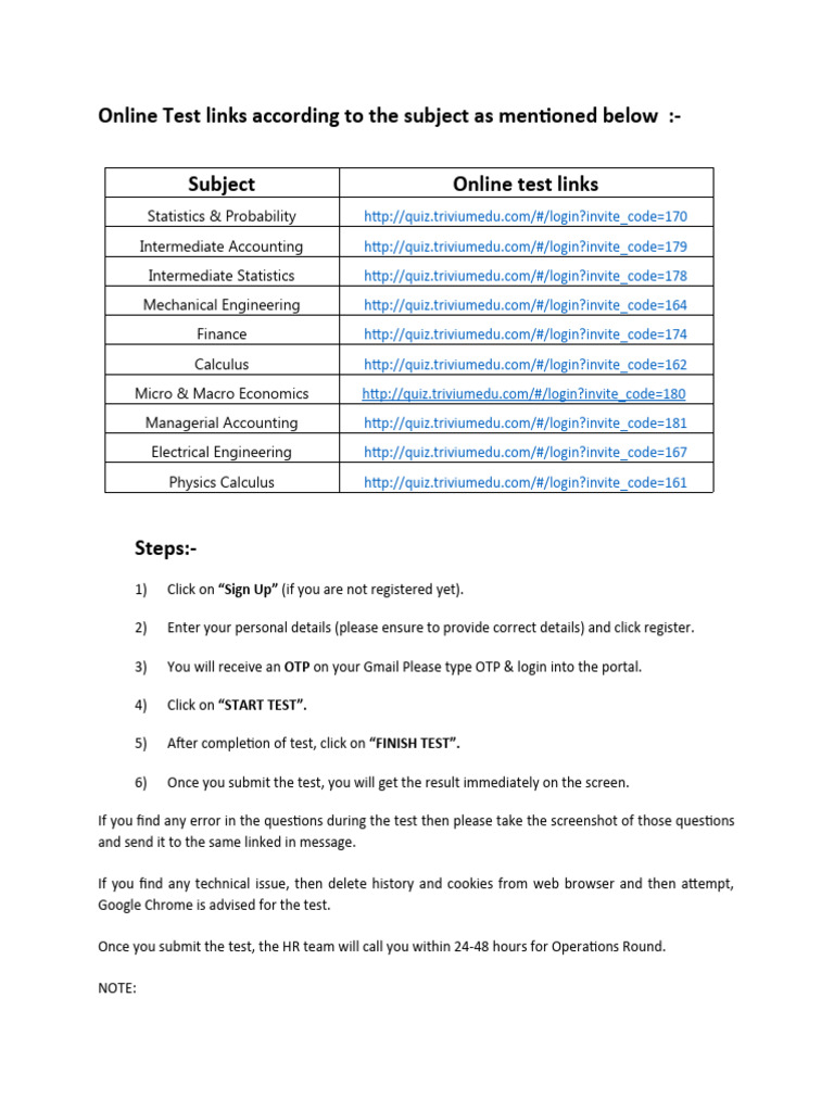 TriviumEdu Online Test Instructions | PDF