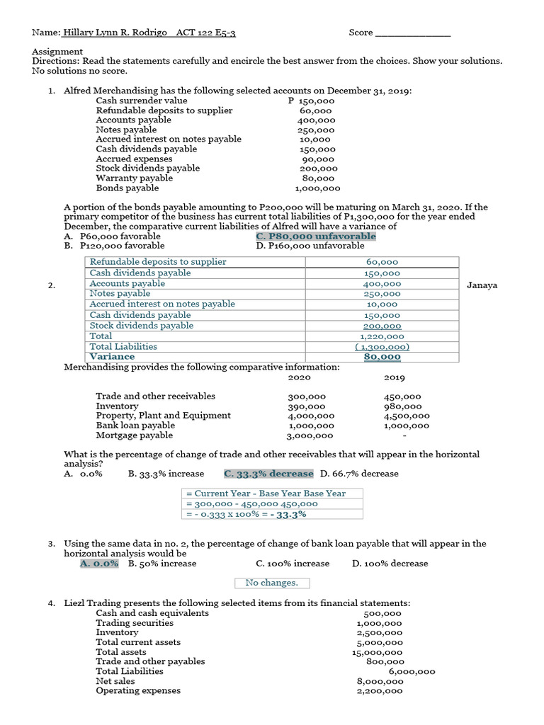 Financial Analysis Assignment Solutions | PDF | Expense | Balance Sheet