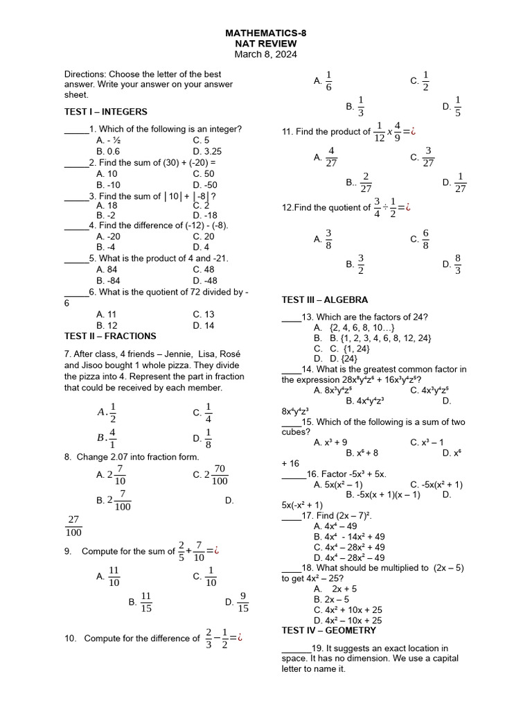 Grade 8 Math NAT Review Guide | PDF | Line (Geometry) | Classical Geometry