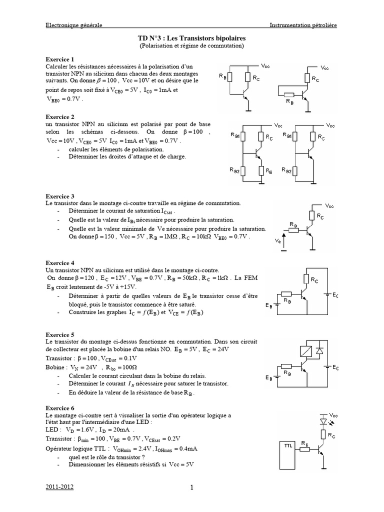 Exercices Corrigés sur Transistors NPN | PDF | Transistor bipolaire ...