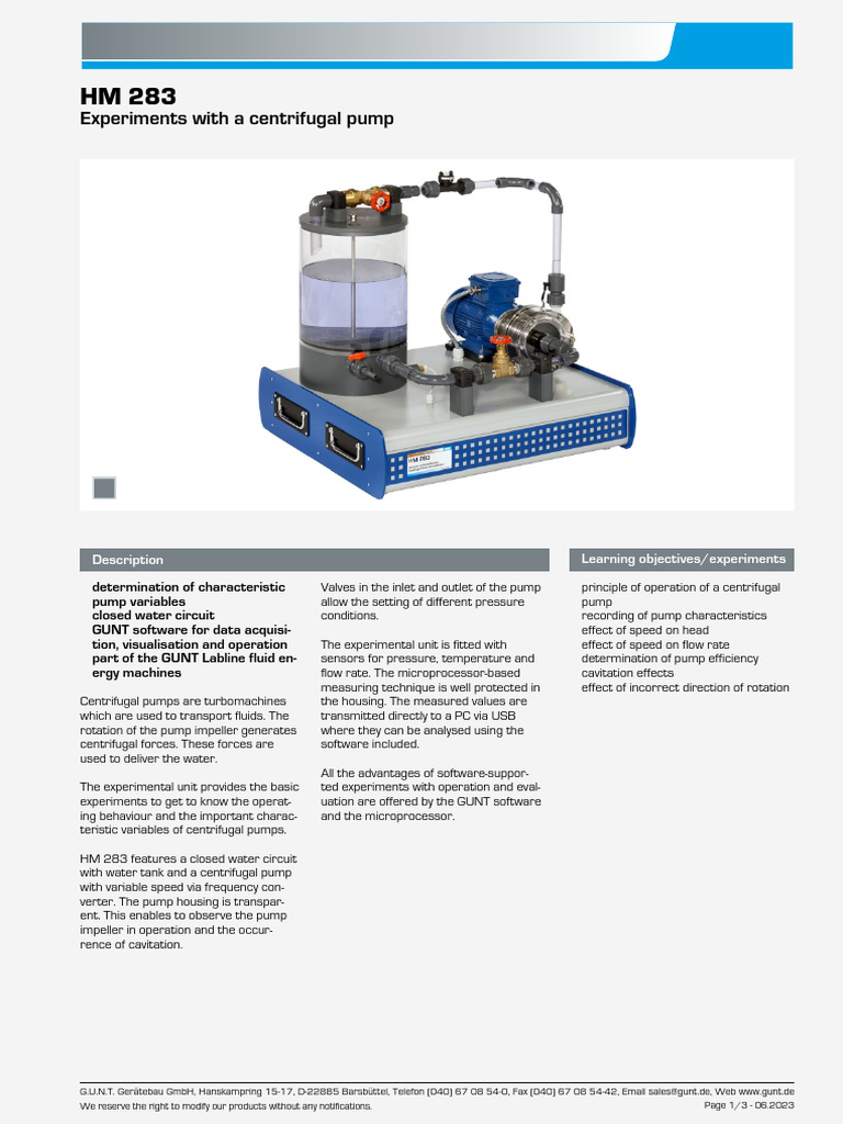 Centrifugal Pump Experiment 283 Overview | PDF | Pump | Flow Measurement