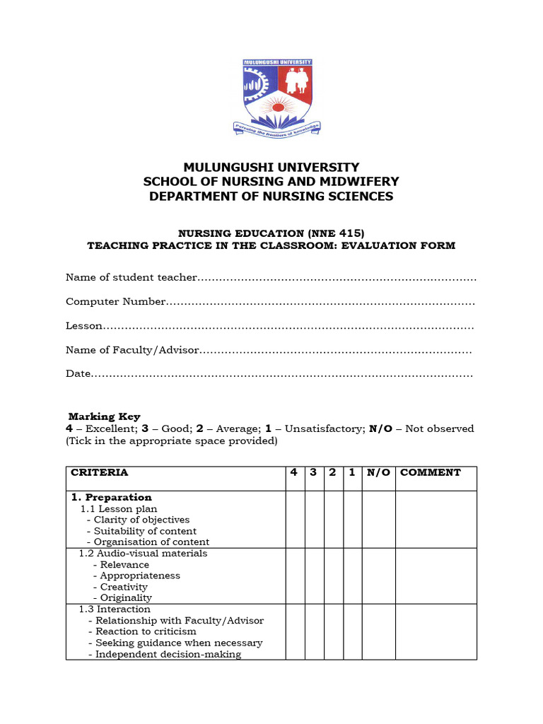 Teaching practice classroom evaluation form mu pdf learning