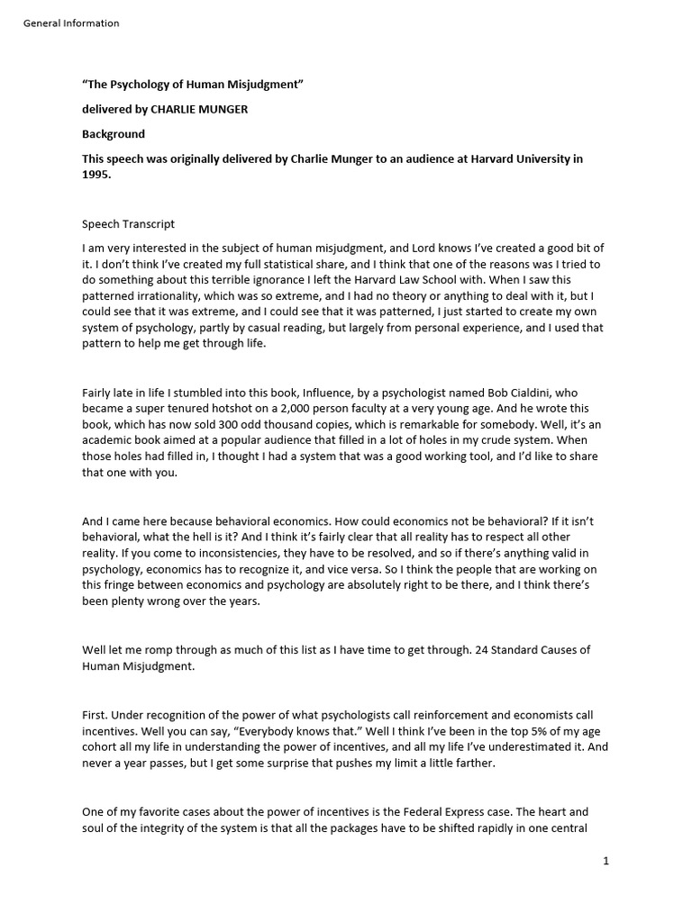 Charlie Munger on Human Misjudgment | PDF | Psychology | Heuristic