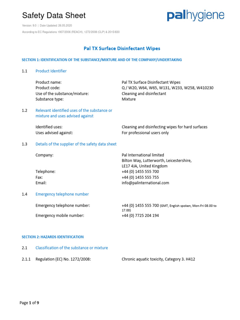 SDS Pal TX Surface Disinfectant Wipes EN2 PDF Dangerous Goods Toxicity