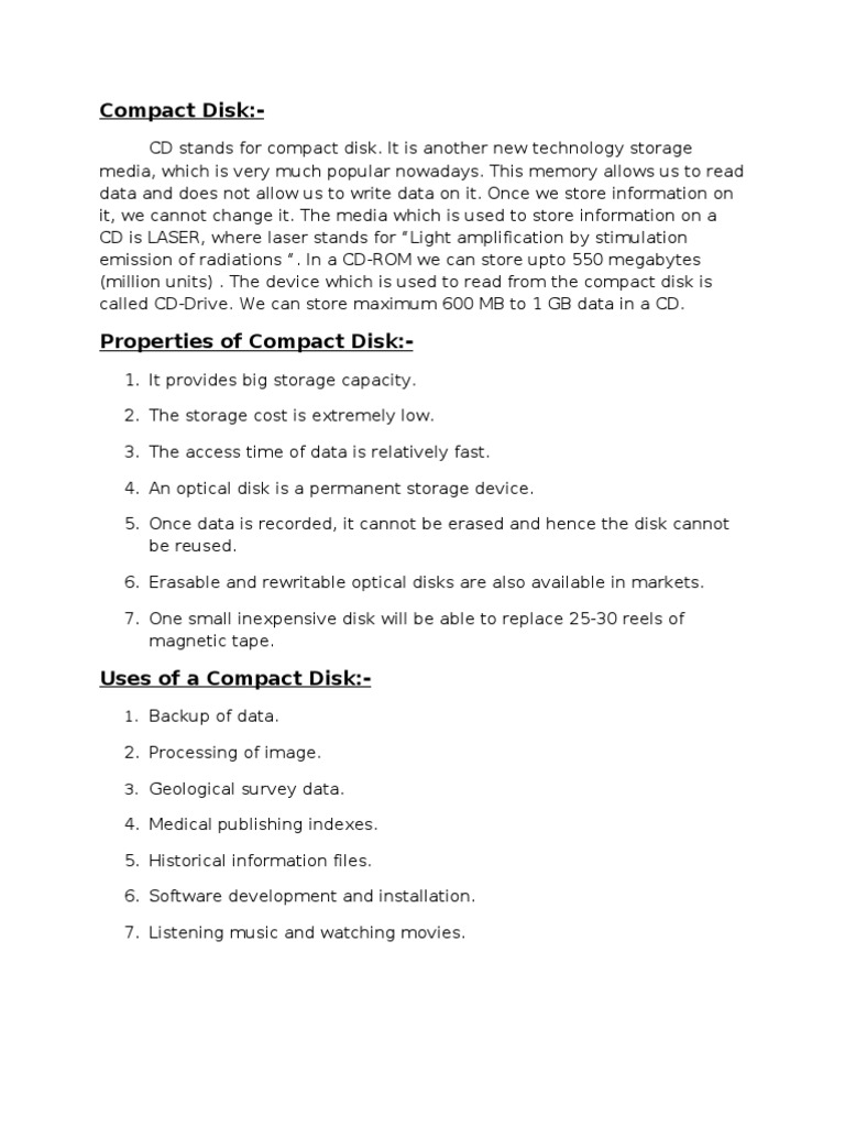 Compact Disks: Storage and Uses | PDF