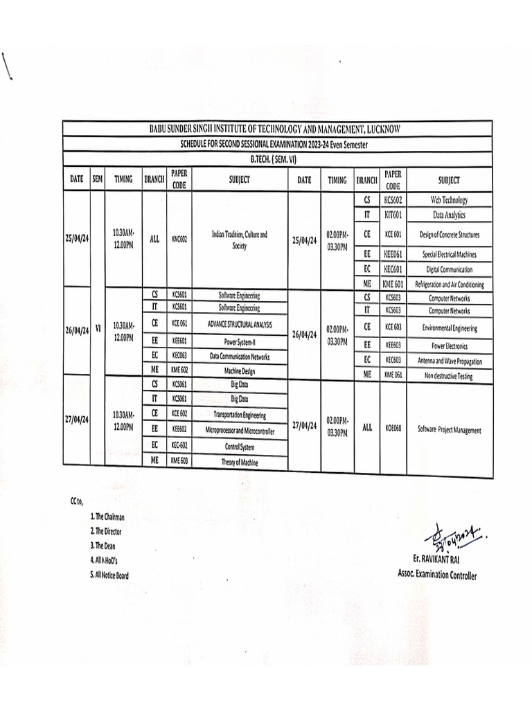 B.tech Schedule 2nd Sessional PDF