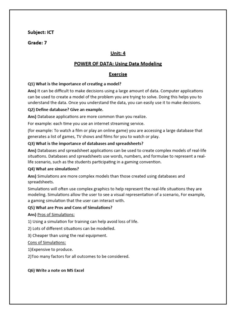 ICT Grade 7: Data Modeling Insights | PDF | Spreadsheet | Databases