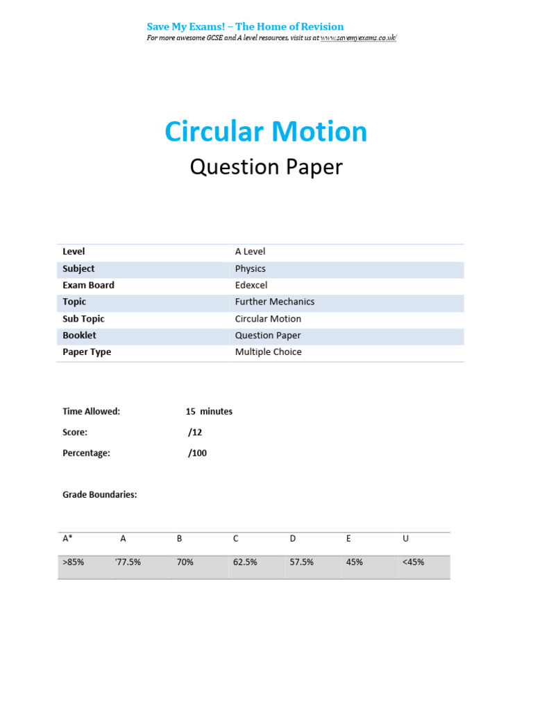 A Level Circular Motion Exam Questions | PDF | Qualifications ...