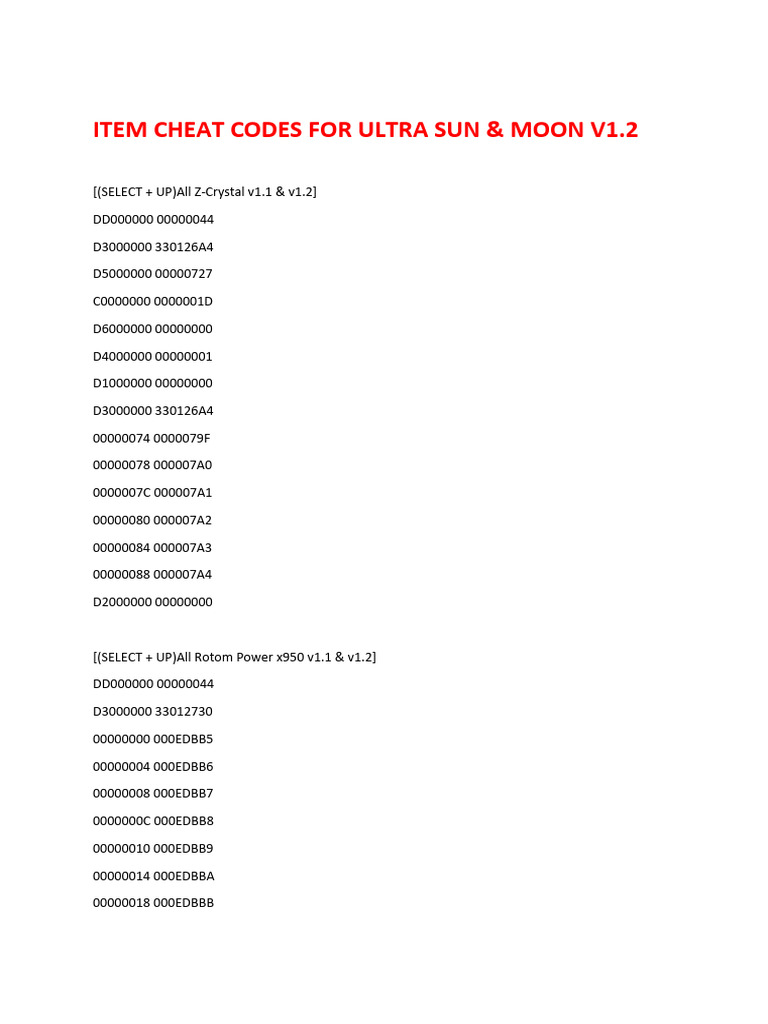 Item Cheat Codes For Ultra Sun &amp; Moon V 1.2 | PDF