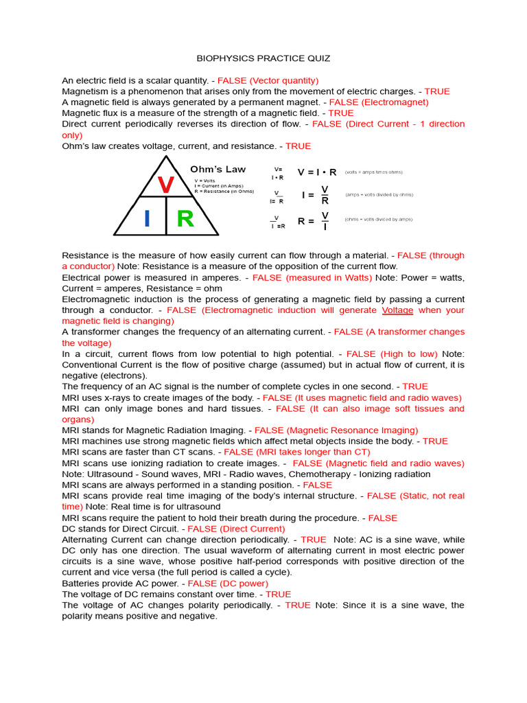Biophysics Quiz: Electric & Magnetic Concepts | PDF | Electric Current ...