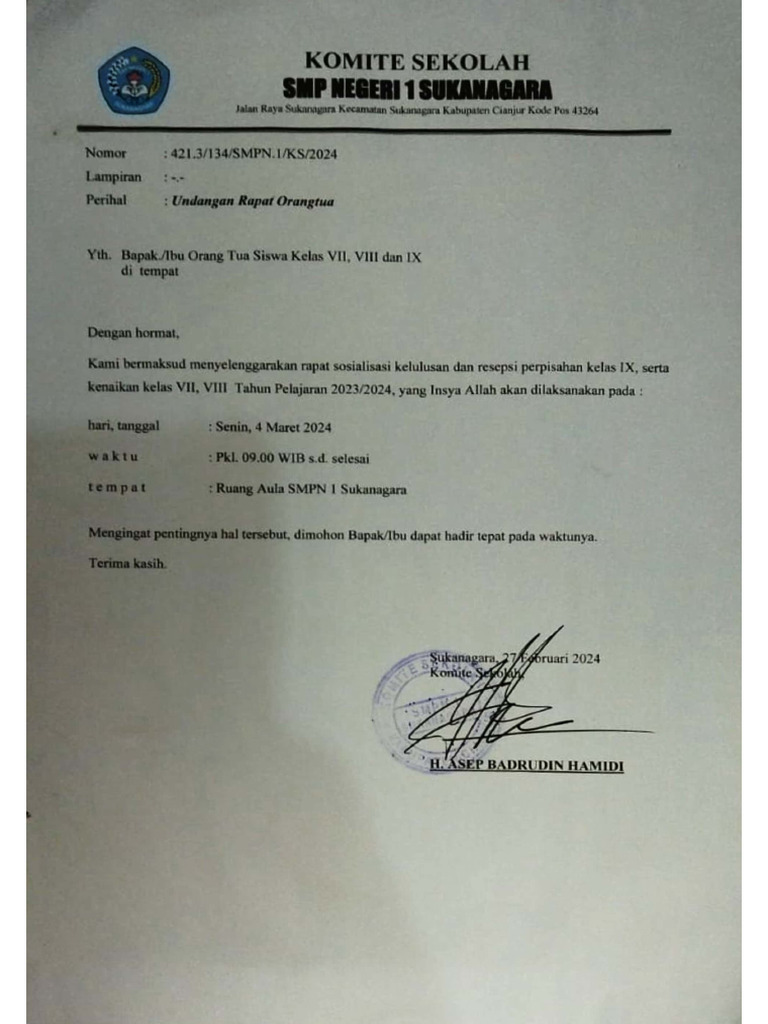 Surat Undangan Rapat Orangtua | PDF