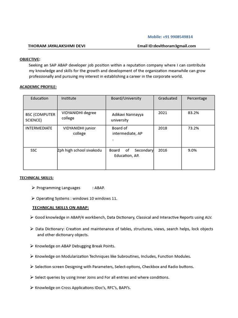 SAP ABAP Developer Resume | PDF | Computing | Computer Engineering