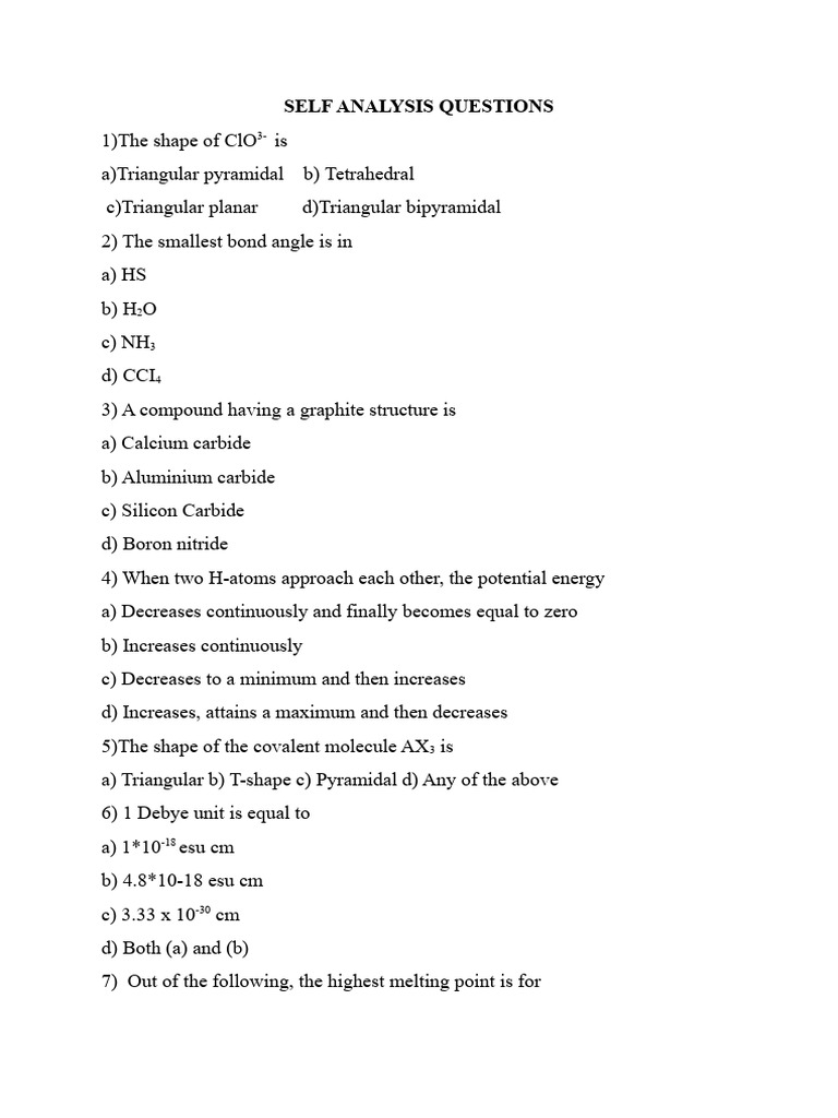 Self Analysis Questions-Unit 4 | PDF | Chemical Bond | Molecular Orbital