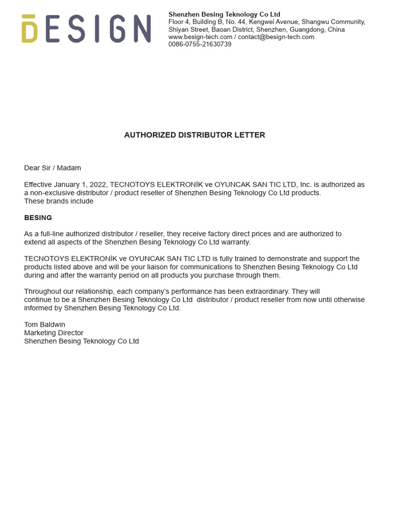 Authorized Distributor Letter for TECNOTOYS | PDF | Career & Growth ...