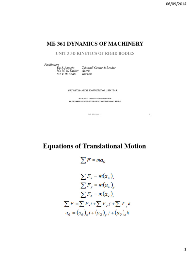 Equations of Translational Motion: Me 361 Dynamics of Machinery | PDF ...