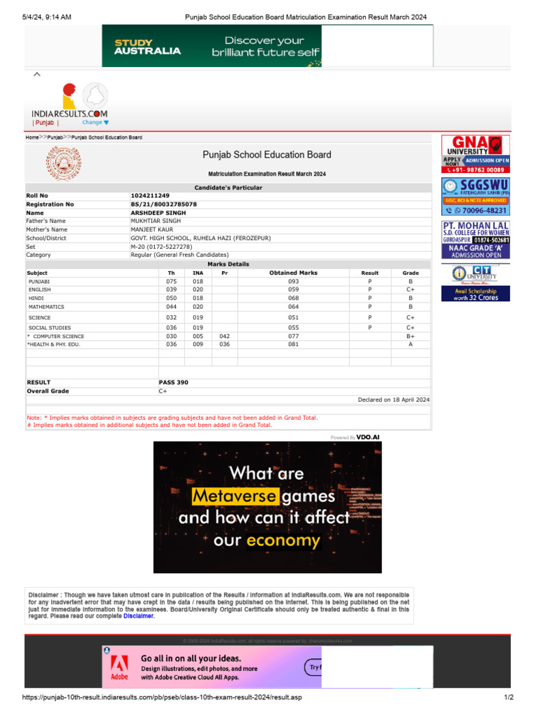 Punjab School Education Board Matriculation Examination Result March