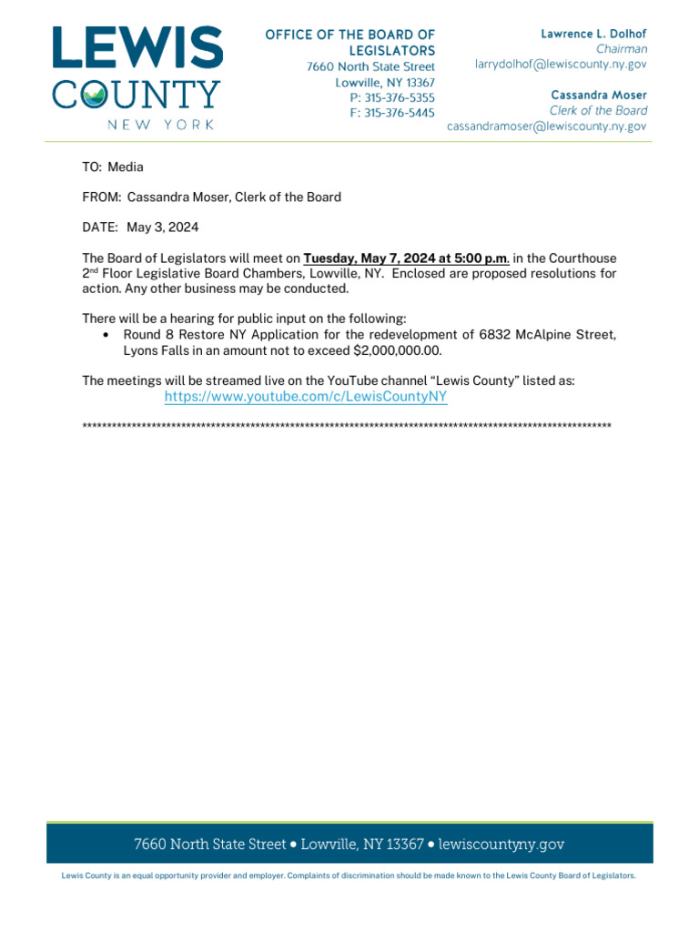 Lewis County County Board of Legislators Resolutions May 7, 2024 | PDF ...