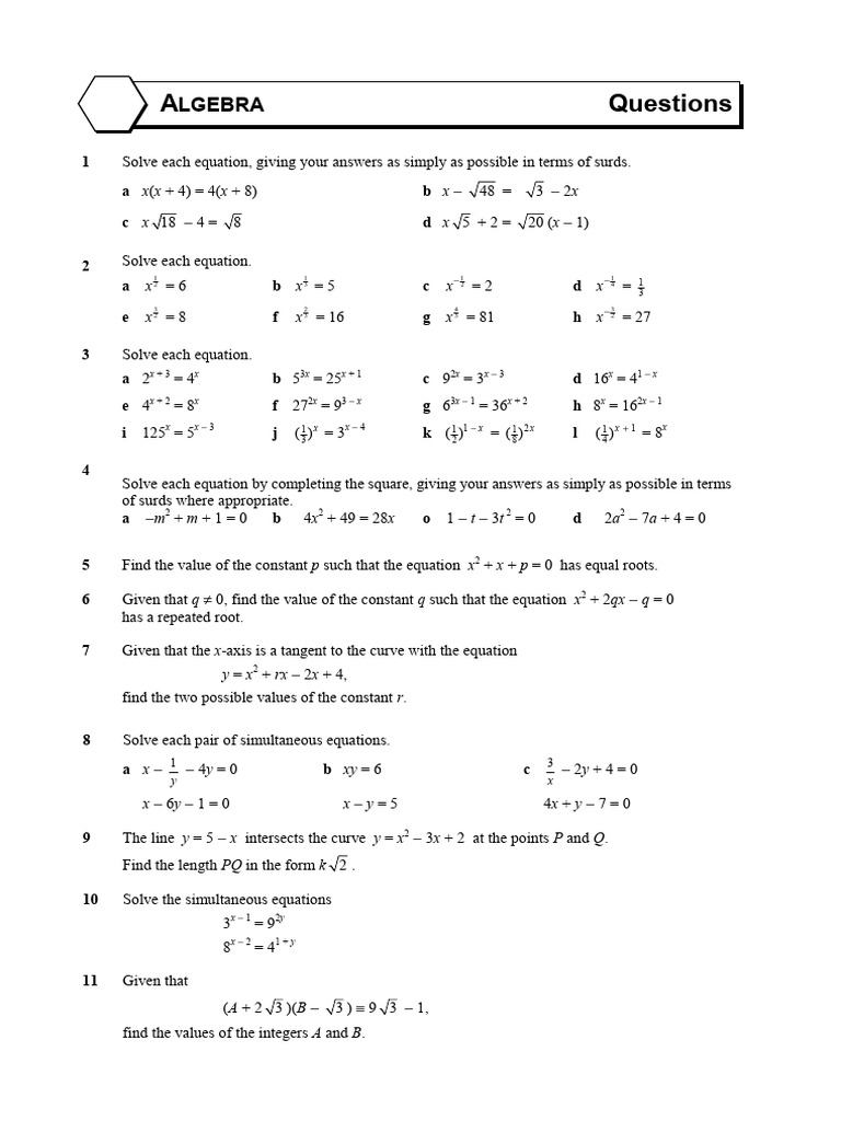 Algebra questions pdf equations algebra