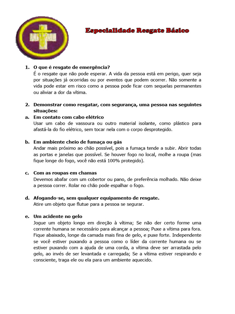 Especialidade Resgate Básico | PDF | Primeiros socorros | Resgate