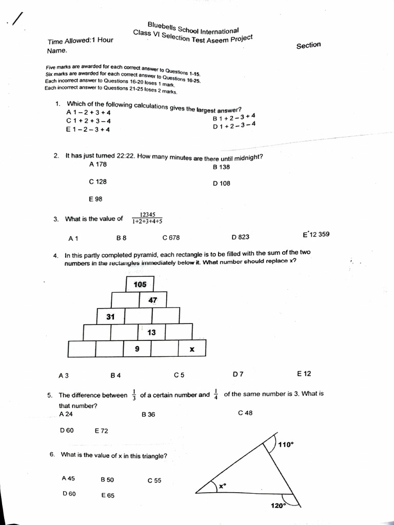 Class VI Math Selection Test | PDF | Area | Geometry