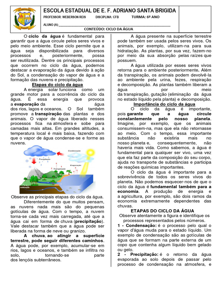 CICLO DA ÁGUA - 6º ano | Download grátis PDF | Água | Ciclo da água