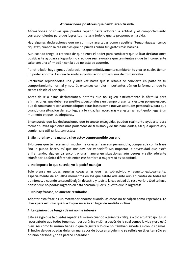 Afirmaciones Positivas para Transformar Tu Vida | PDF