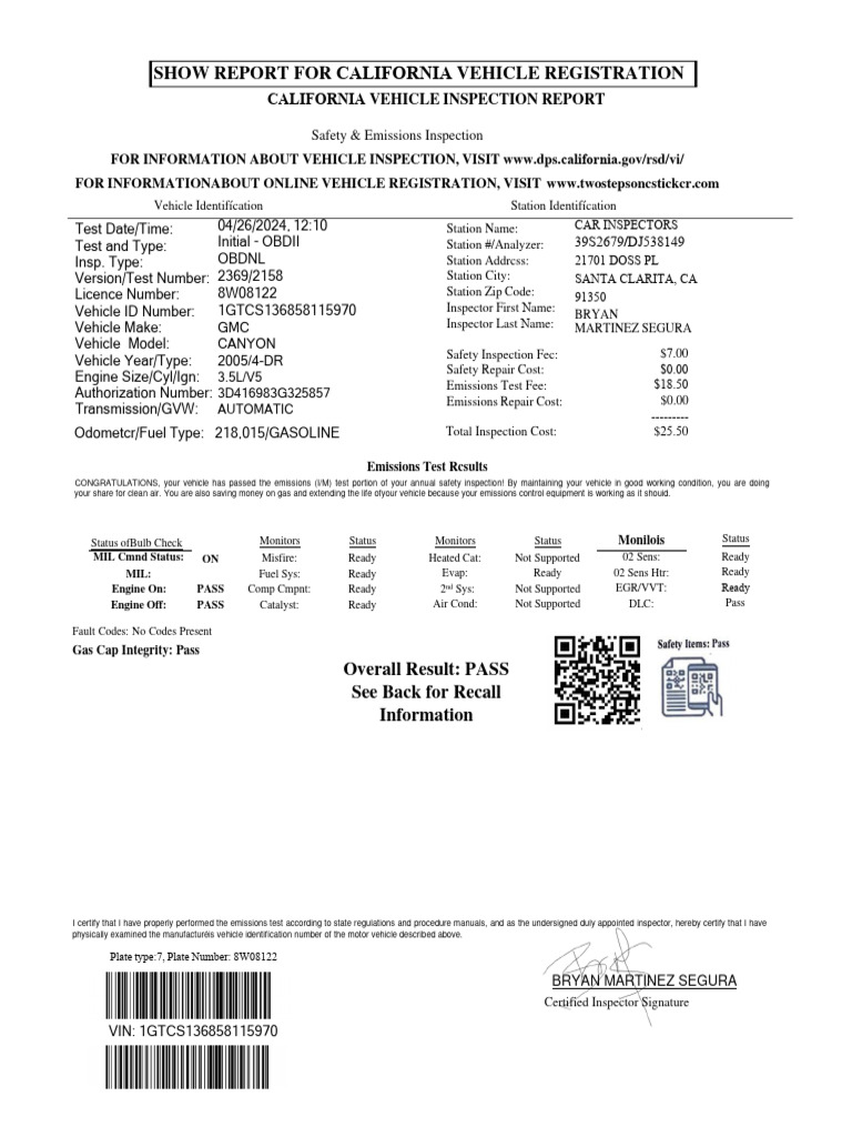 California Vehicle Inspection Report | PDF | National Highway Traffic ...