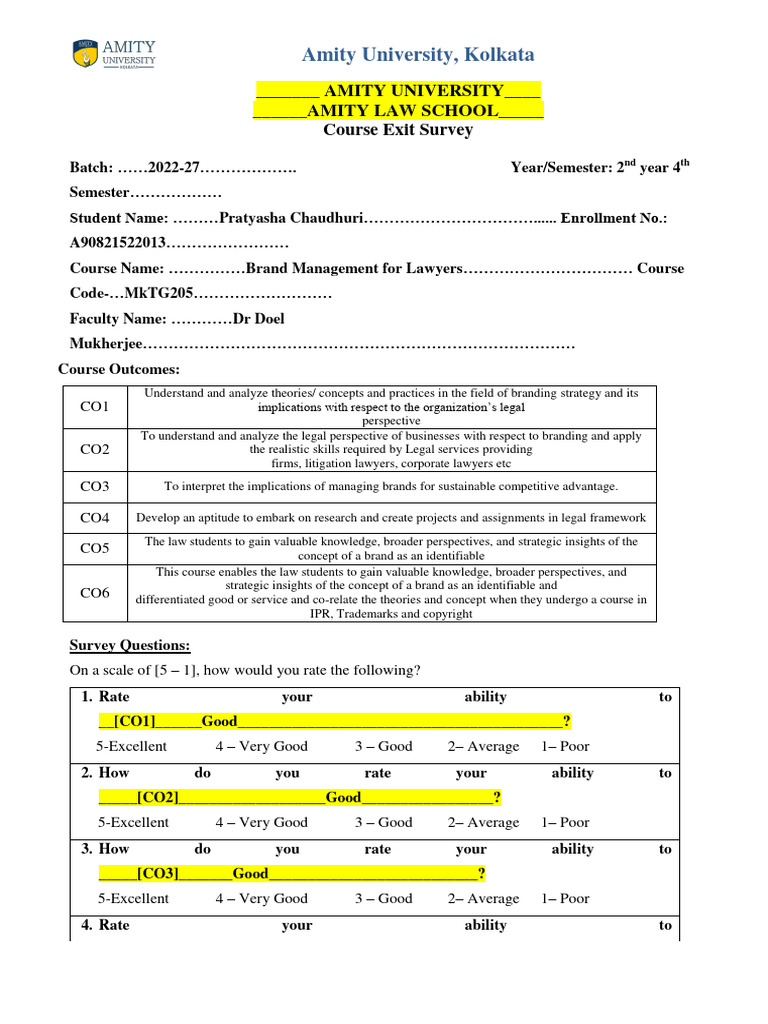 Course Exit Survey Form (4) - Pratyasha Chaudhuri | PDF | Brand | Human ...