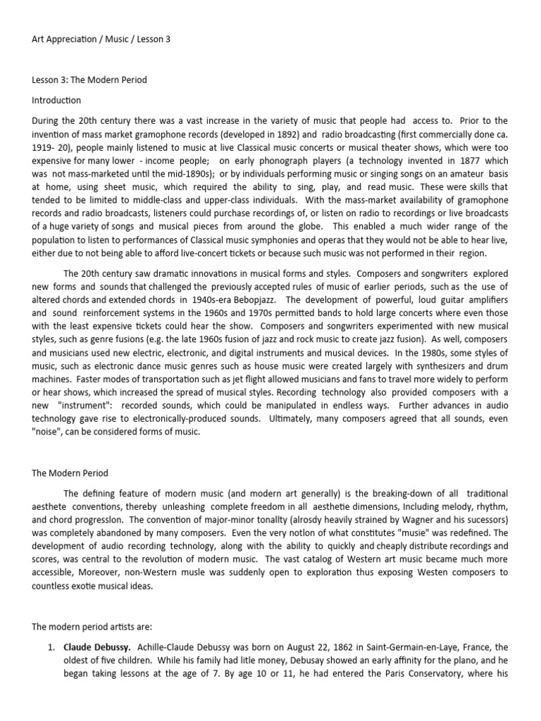 Modern Music Evolution & Key Composers | PDF | Performing Arts | Musicology