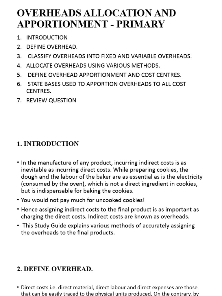 Overheads Allocation and Apportionment Guide | PDF | Cost Of Goods Sold ...