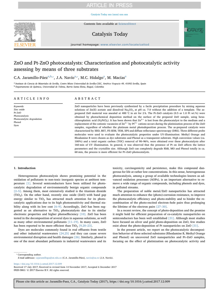 ZnO and Pt-ZnO Photocatalysts Analysis | PDF | Zinc Oxide | X Ray ...