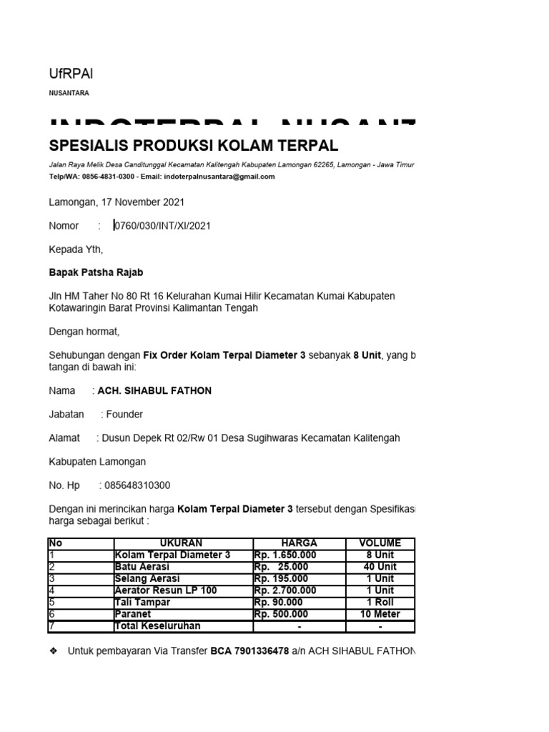 Rincian Harga Kolam Terpal dan Aksesori | PDF
