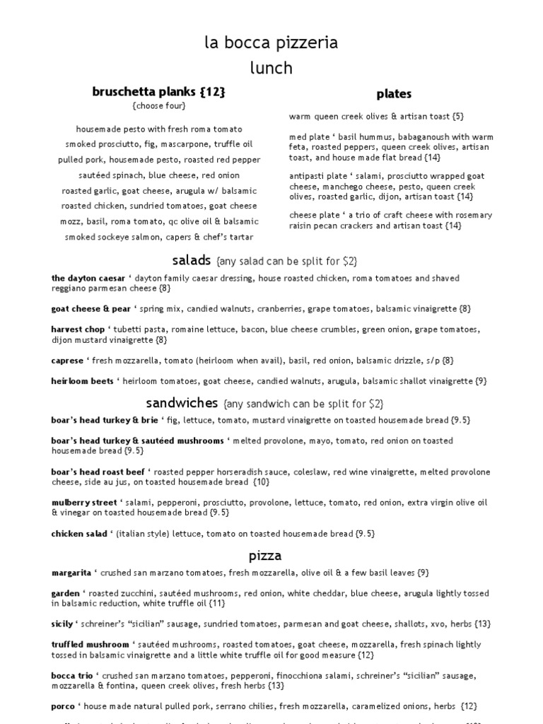 La Bocca Pizzeria Menu: Lunch & Dinner | PDF | Vinaigrette | Salad