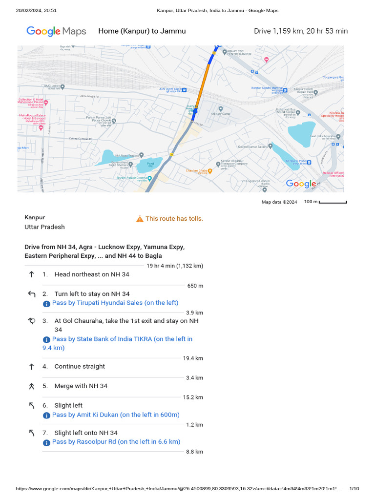 Kanpur, Uttar Pradesh, India To Jammu - Google Maps | PDF