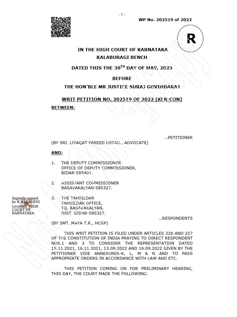 Karnataka Land Conversion Writ Order | PDF | Mandamus | Writ