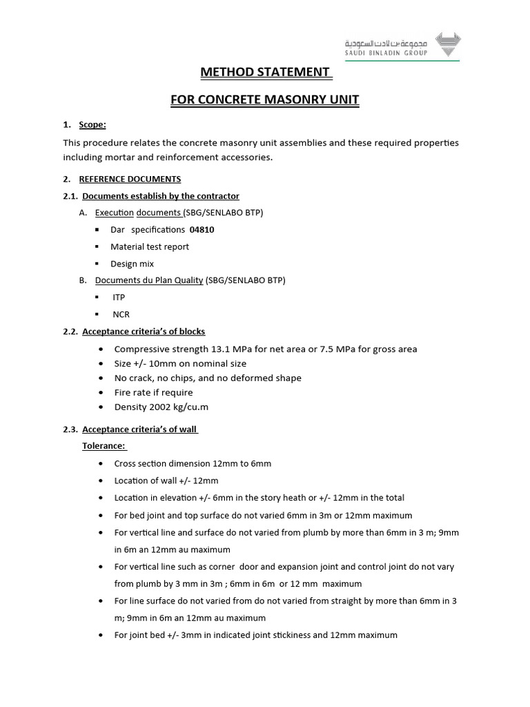 Concrete Masonry Unit Method Statement | PDF | Masonry | Concrete