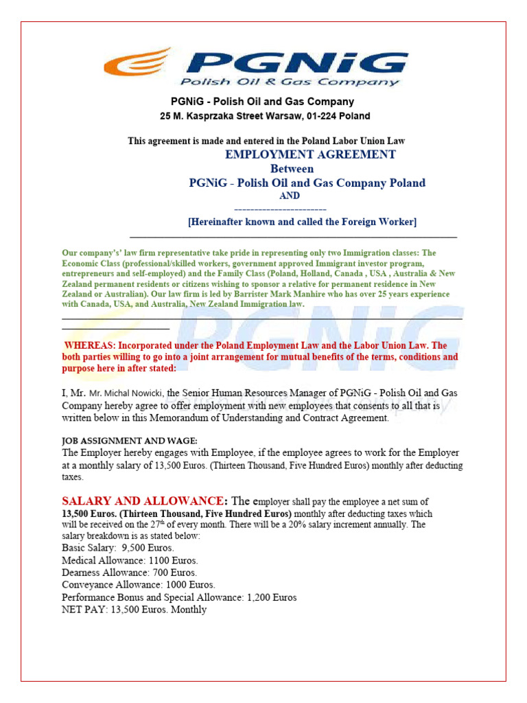 Polish Oil and Gas Agreement Form | PDF | Employment | Working Time