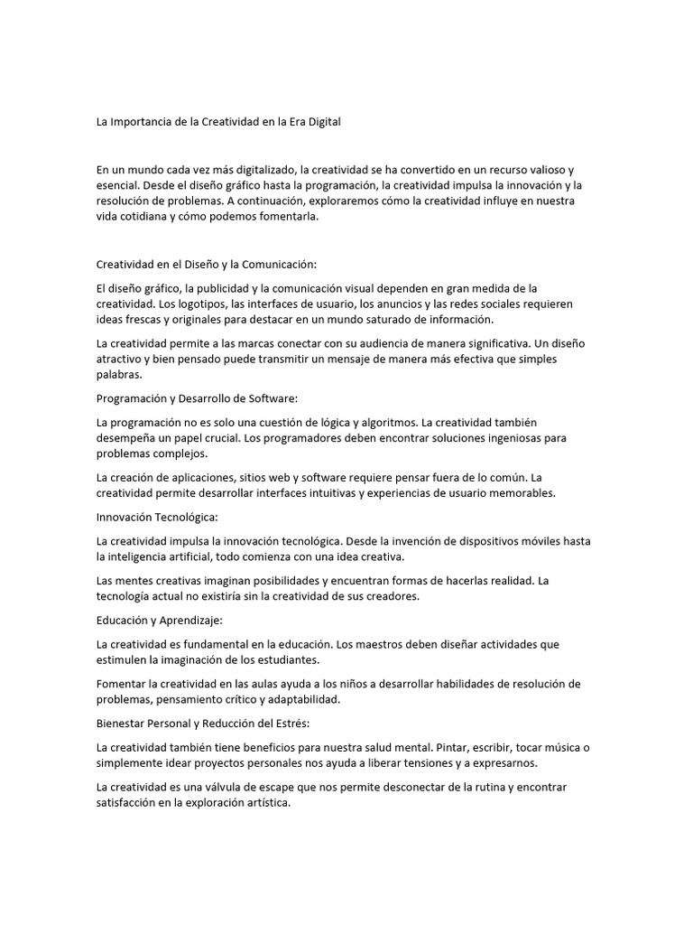 La Importancia de La Creatividad en La Era Digital | PDF | Creatividad ...