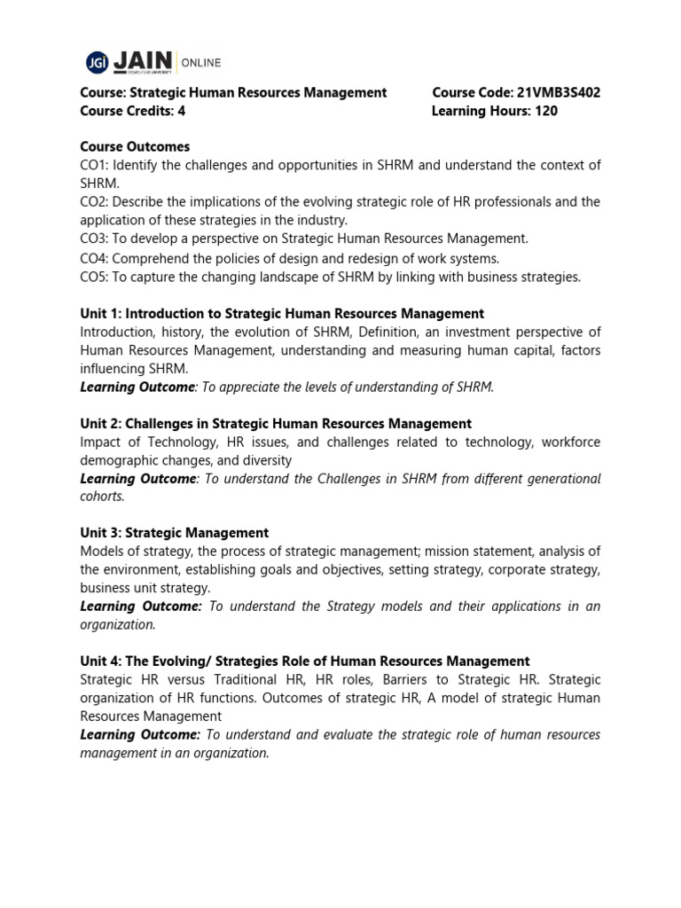 Strategic Human Resources Management Course | PDF | Human Resource ...