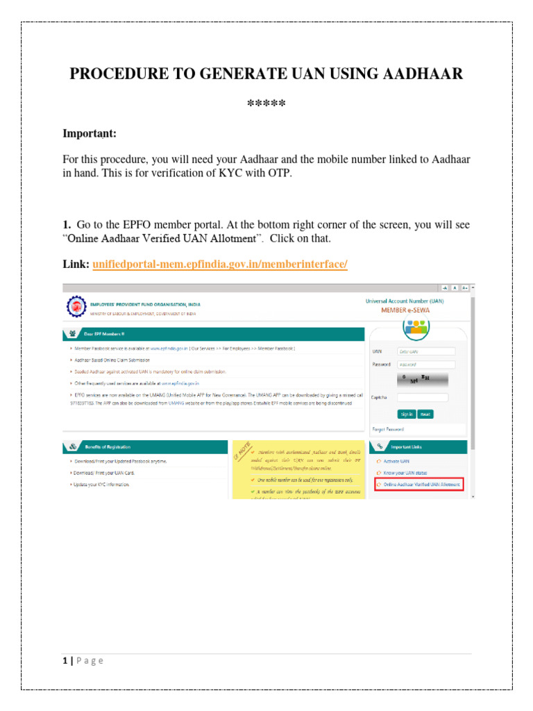 Generate UAN Using Aadhaar Guide | PDF | Finance & Money Management ...