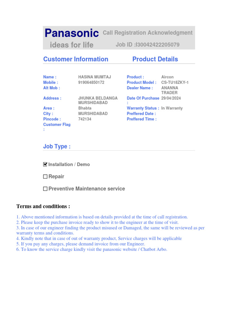 Panasonic Aircon Service Acknowledgment | PDF