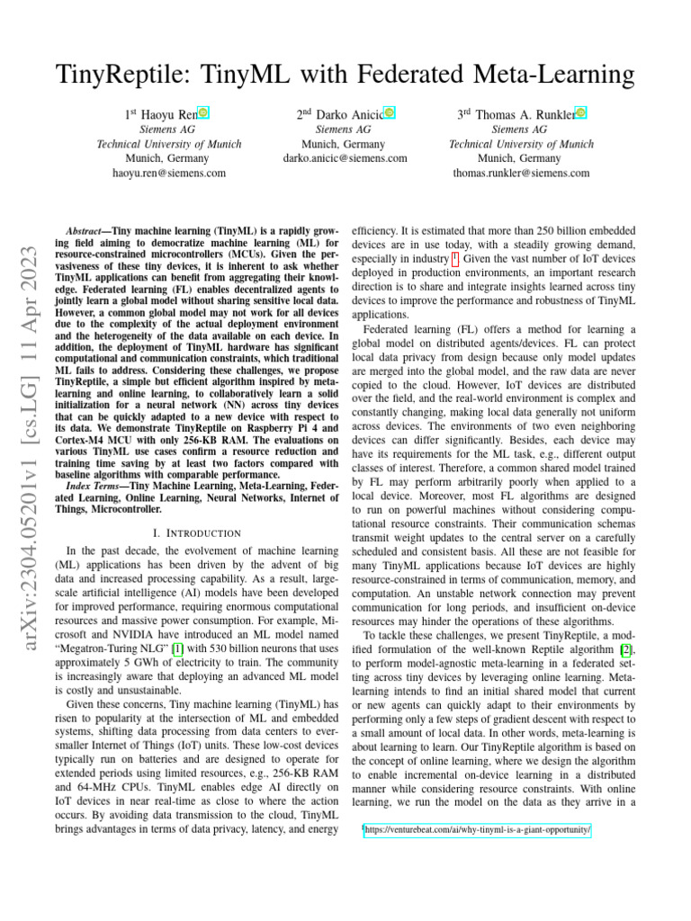Tinyreptile: Tinyml With Federated Meta-Learning: 1 Haoyu Ren 2 Darko ...