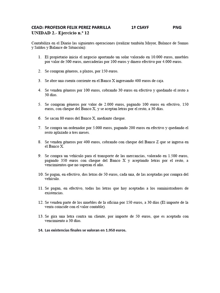 Contabilidad: Diario y Balances Ejercicio 12 | PDF | Finanzas y dinero ...
