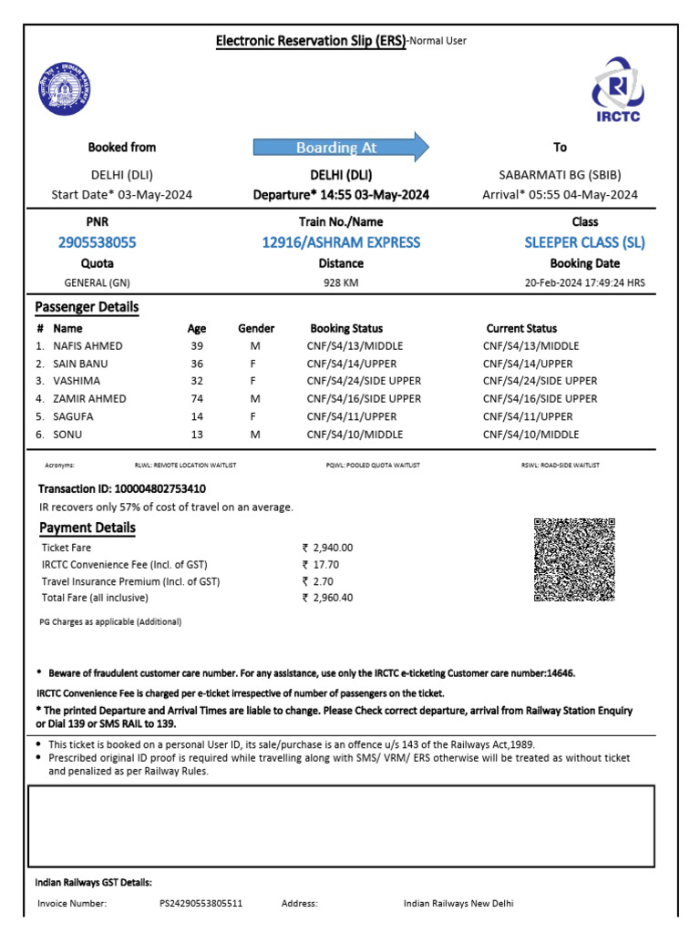 12916/ashram Express Sleeper Class (SL) | PDF | Identity Document