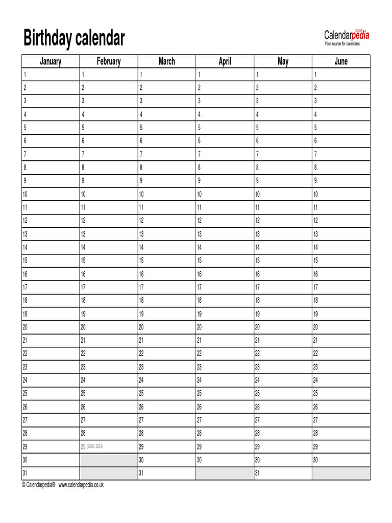 Birthday Calendar Landscape 2 Pages PDF