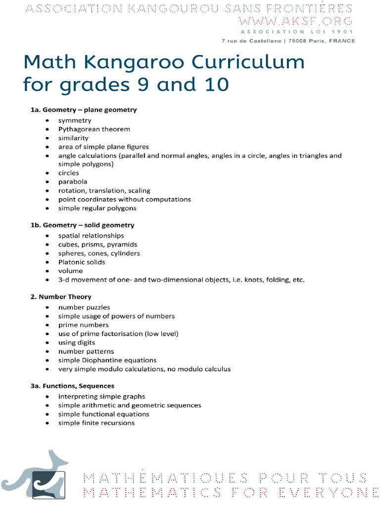Math Kangaroo Curriculum For Grades 9 and 10 | PDF