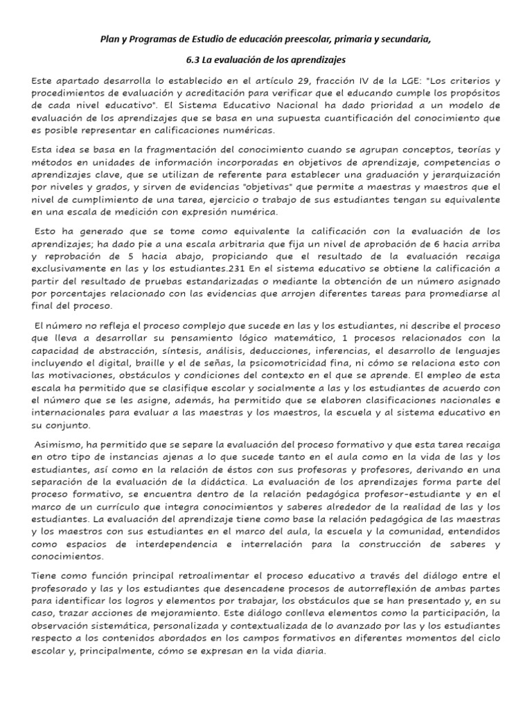 La Evaluación de Los Aprendizajes Plan y Programas de Estudio de ...